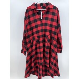 NWT Women's 2XL Plaid Shirt Dress Long Sleeve Button Up High Low Trim Pockets